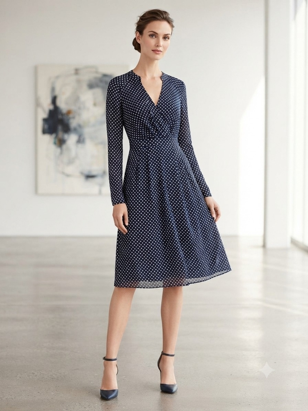 BCBGMaxAzria Navy and White Polka Dot Long-Sleeve Midi Dress